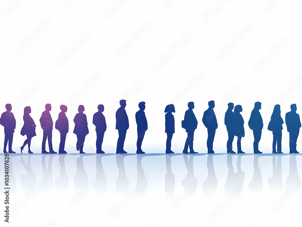Poster flat gravity defying voter queue concept - stylized human figures floating in line illustrating vote
