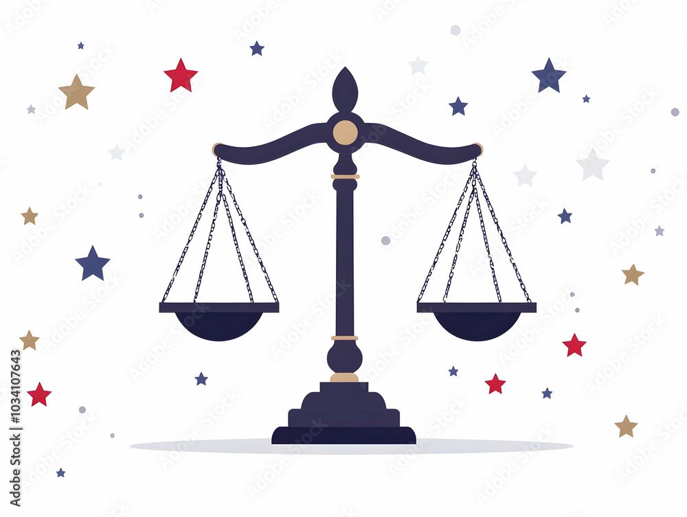 Sticker Flat illustration of justice scales balancing the constitution and policy weights, symbolizing civic education and governance.