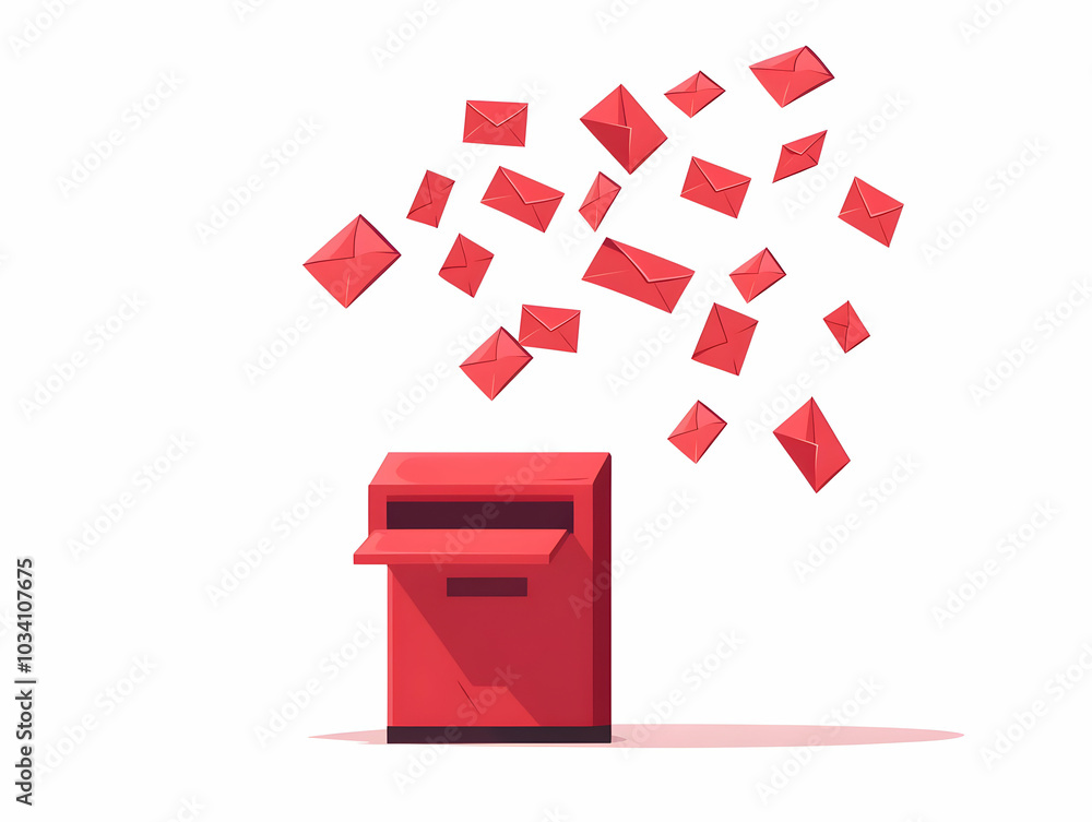 Poster flat ascending ballot drop box concept: medium shot of rising ballot box with envelopes flowing in -