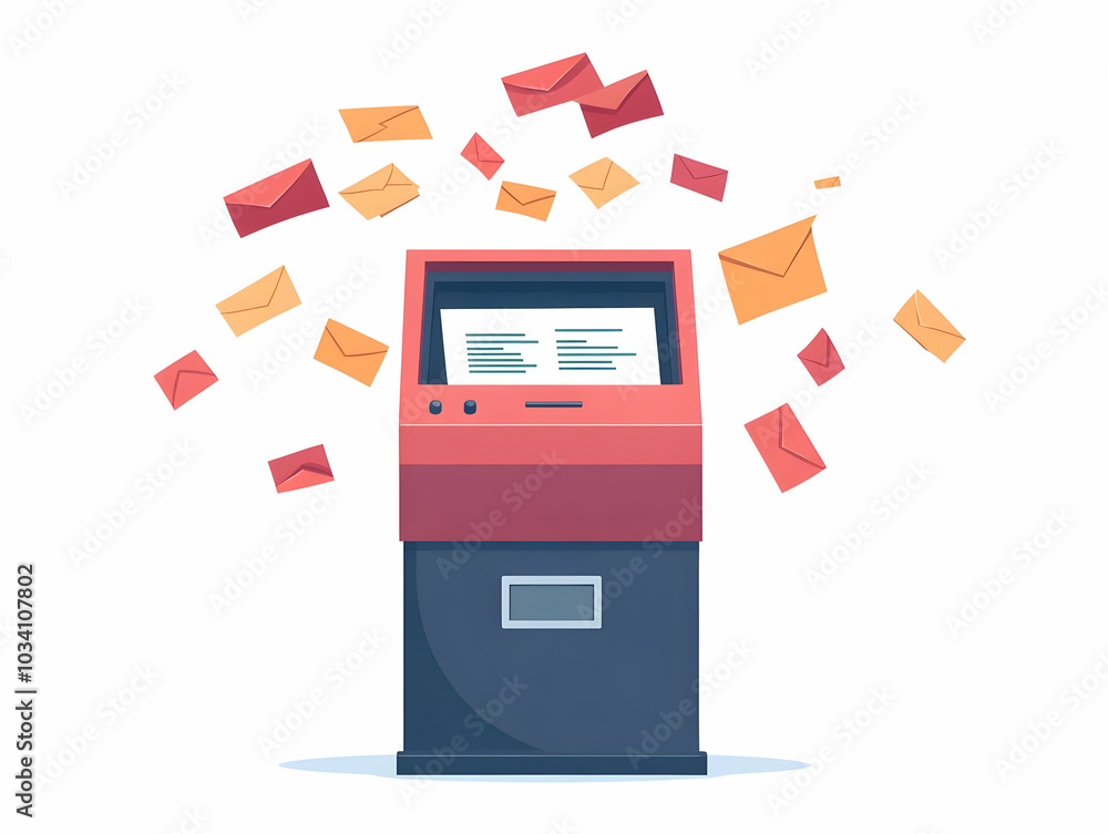 Poster flat ascending ballot drop box concept: medium shot of a rising ballot drop box with envelopes flowi