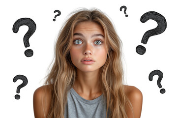 Young woman with question marks isolate on white background.