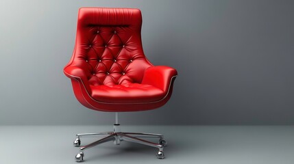 A red leather swivel chair with a chrome base and tufted upholstery sits against a gray background.