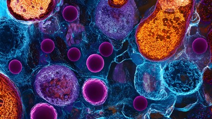 A colorful, detailed view of a microscope scan showing various cells and marker spheres in the human body.