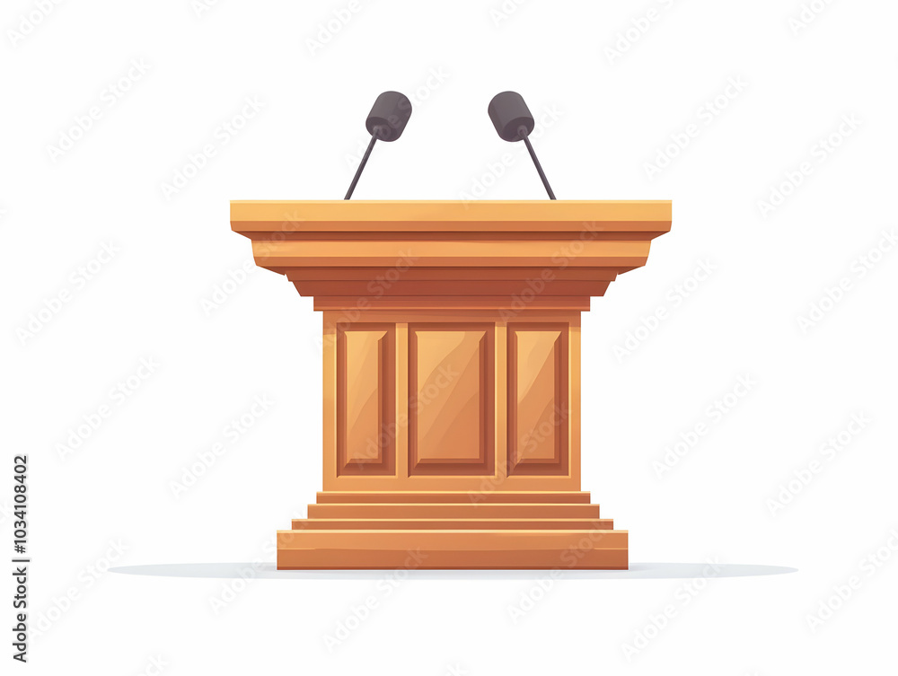 Poster flat levitating political podium concept: close-up of an empty floating podium rotating against whit
