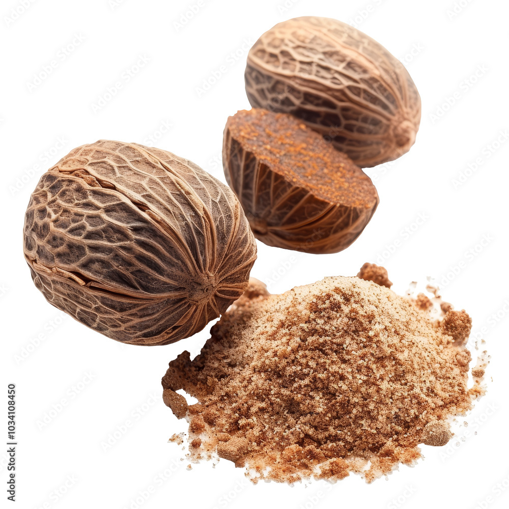 Poster whole nutmeg seeds and ground nutmeg on a clean surface with a focus on the textured shell and fragr