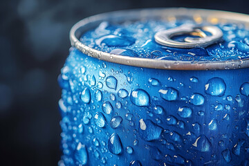 A close-up shot of a blue soda can, glistening with droplets of condensation, against a dark background, emphasizing freshness and refreshment.