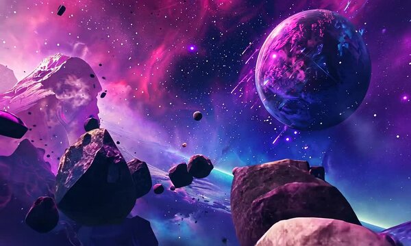 A vibrant, purple and blue nebula swirls around a rocky, asteroid-filled landscape with a large planet in the background.