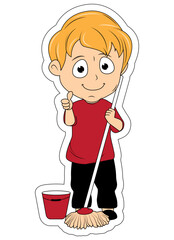Cute Boy Cartoon With Mop