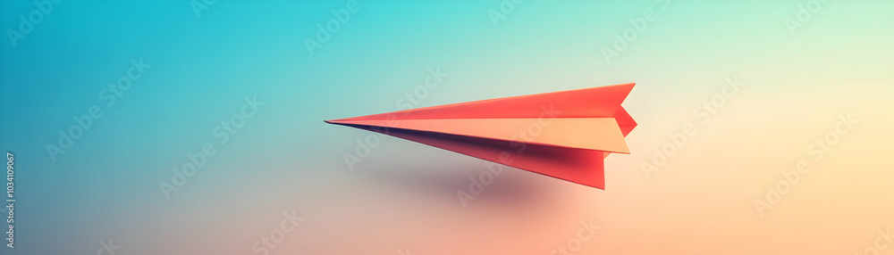 Poster rising paper airplane on a plain gradient background - symbolizing growth and freedom in a dynamic d