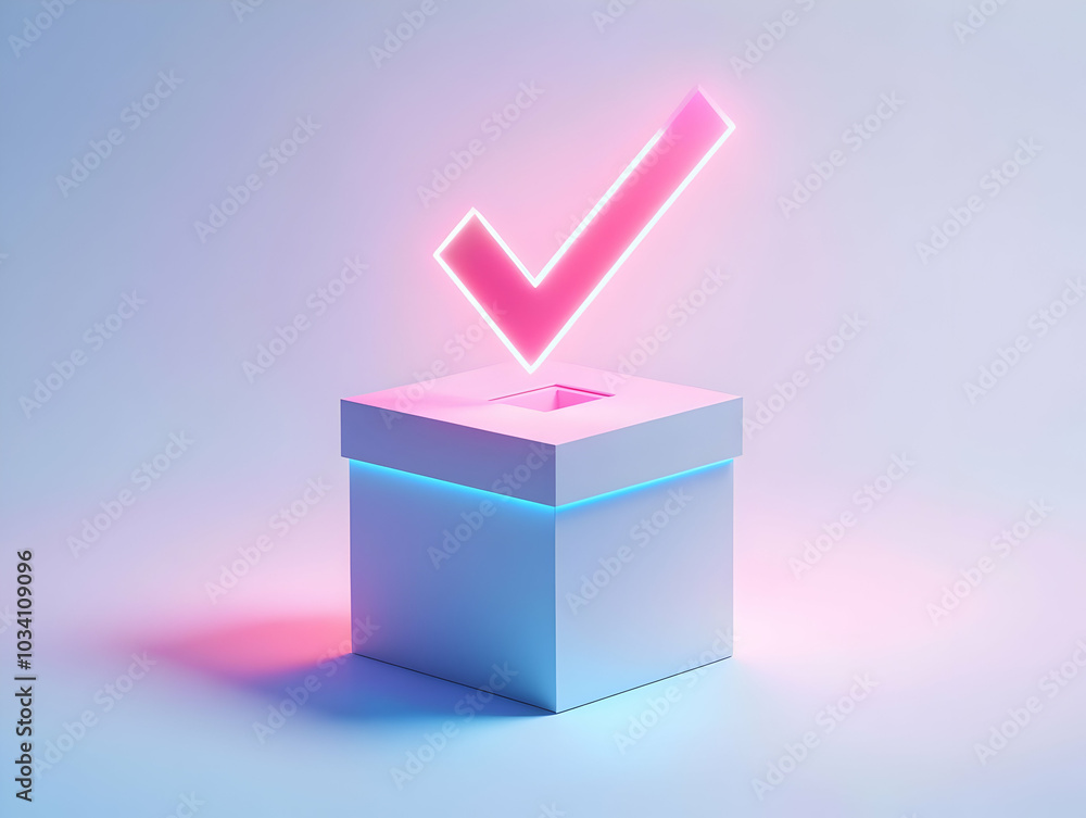 Poster flat 3d ballot box with glowing checkmark - vector illustration emphasizing vote importance on white