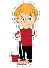 Cute Boy Cartoon With Mop