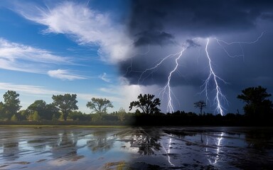 Split scene of storm and sunny weather. Climate change and extreme weather