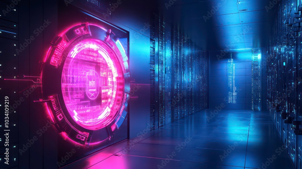 Poster a futuristic server room with a glowing, circular security door and rows of servers in the backgroun