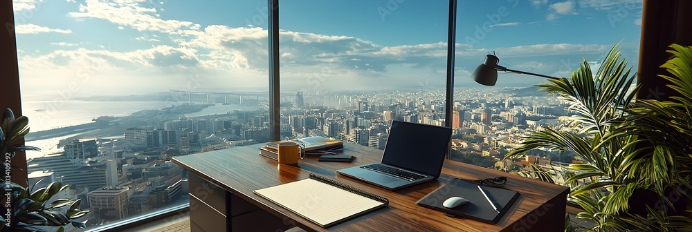 Aufkleber sleek and contemporary desk setup with a laptop a notepad and a cup of coffee situated in front of a