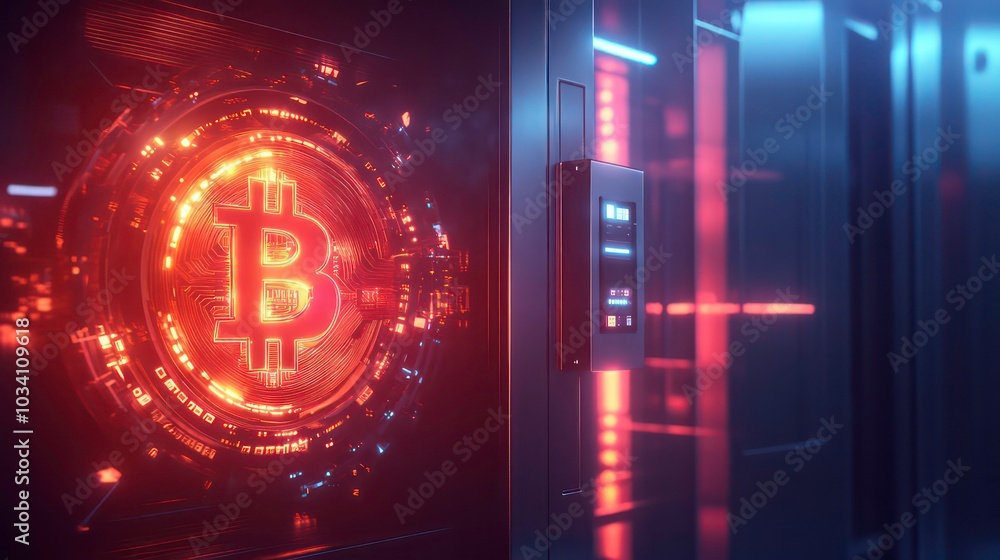 Poster a glowing bitcoin symbol in a futuristic server room, representing cryptocurrency mining and blockch