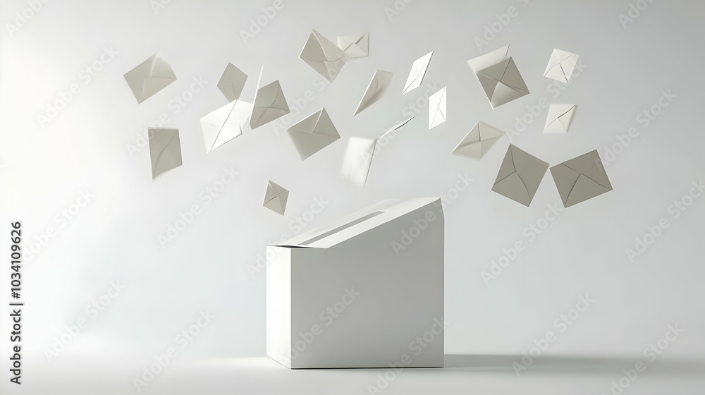 Poster 3d ascending ballot drop box concept - medium shot of rising drop box with envelopes flowing in, aga