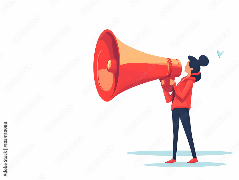 Poster flat vector illustration of a megaphone amplifying campaign messages with increasing text size, isol