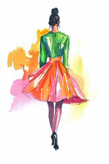 Fototapeta premium Watercolor fashion illustration of a woman in a vibrant flowing skirt viewed from behind.