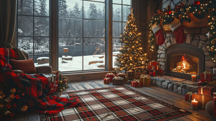 A cozy living room with a fireplace, Christmas tree, and decorations. The window shows a snow-covered pine forest in the background. armchair, surrounded by gift boxes. White candles.