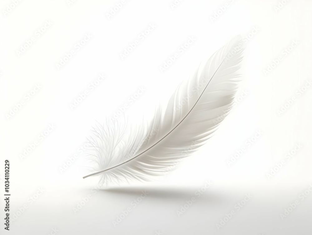 Poster close-up of a flat floating white feather: symbolizing lightness of being in minimalist vector illus