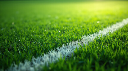 Fototapeta premium Close up of green sports field with white line markings