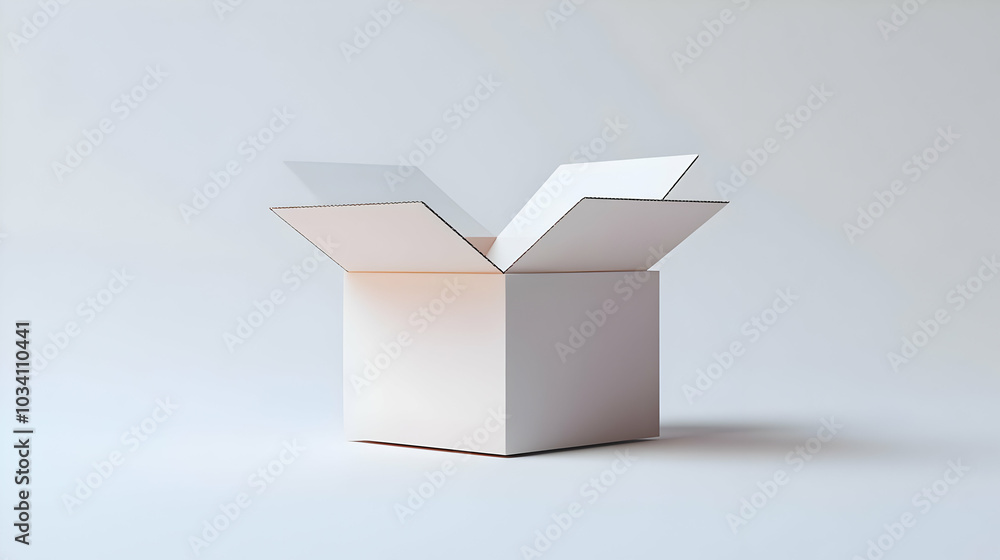 Poster 3d glossy open box on white background with generous copy space for offers and buying opportunities 
