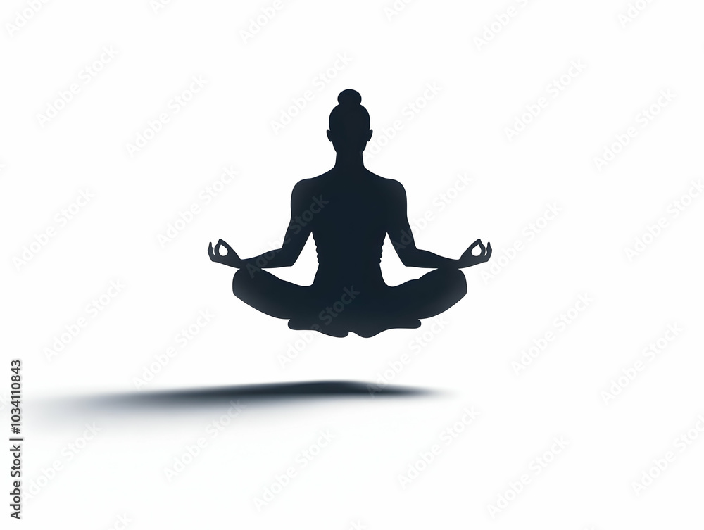 Poster flat floating meditation figure in lotus position: white silhouette emphasizing inner balance, wide 