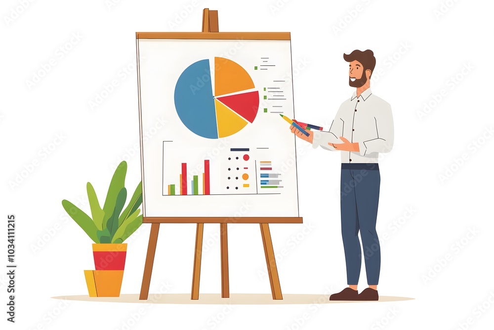 Poster man presenting business data on a whiteboard with charts and graphs