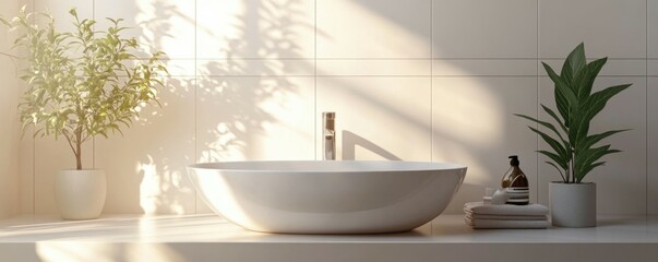 Fototapeta premium Modern bathroom with serene bathtub and natural greenery