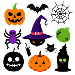 Set of objects color silhouettes for Halloween: witch hat, spider, web, pumpkin, cat, bat, skull, eye shapes isolated on a white background. Stock vector illustration silhouette on white Background