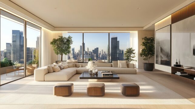 A modern living room with a large sectional sofa, a coffee table, and three ottomans, overlooking a cityscape with a balcony and large windows.
