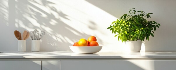 Bright kitchen scene with fresh fruit and greenery