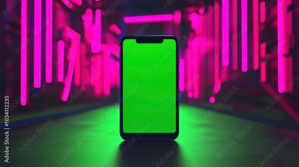 Poster a modern smartphone with a green screen display standing in front of a neon-lit background.