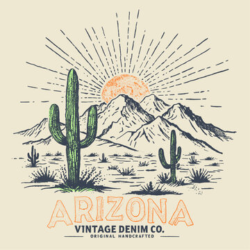 Arizona Cactus line vector t-shirt design. desert vibes artwork. Cactus and flower artwork. Desert national park, Arizona t-shirt artwork design. Desert vibes vector graphic print design for apparel.