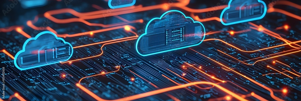 Aufkleber glowing blue digital network of interconnected devices and servers symbolizing the power of cloud co