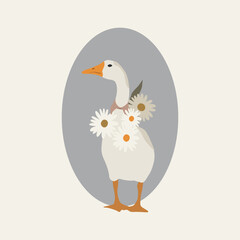 Flat goose with daisies and bow illustration. Vector clipart of domestic bird in retro style. Goosling theme