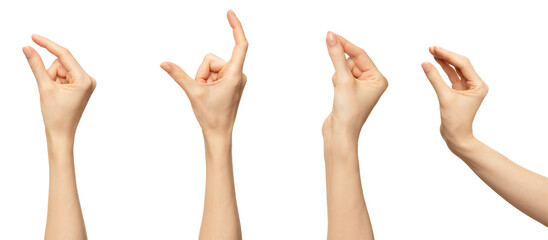 A woman's hand, isolated against a white background, is shown in four different positions, each showcasing a distinct way of grabbing or holding an object © Dzha