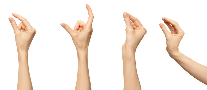 A woman's hand, isolated against a white background, is shown in four different positions, each showcasing a distinct way of grabbing or holding an object