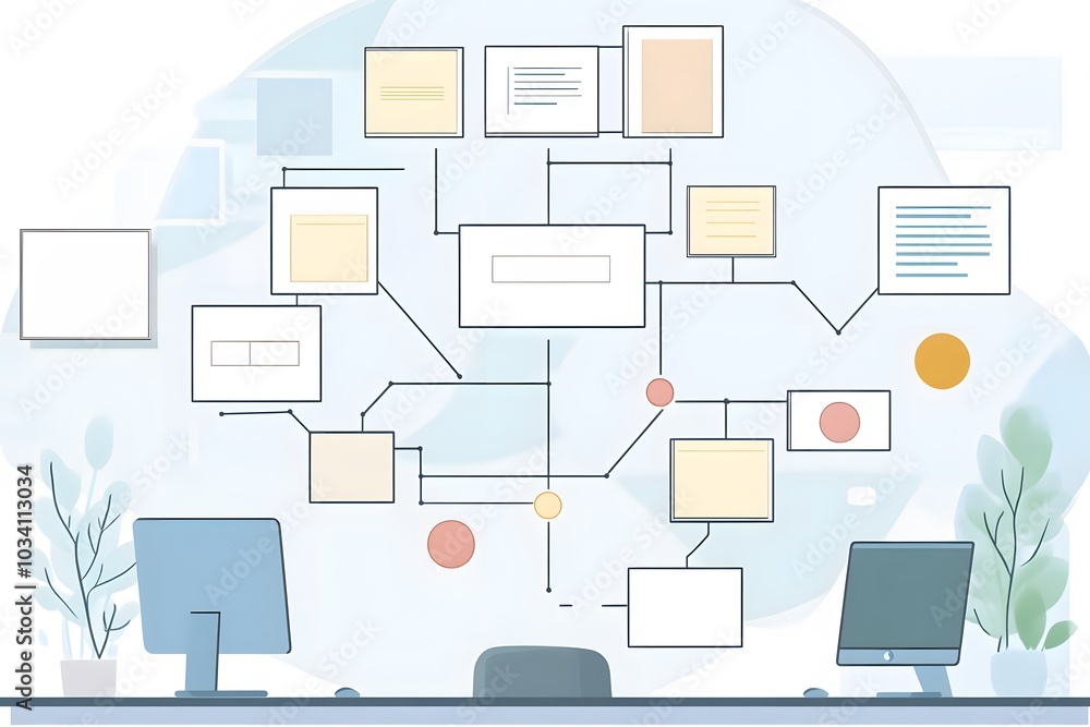 Poster An Illustration Depicting a Flowchart with Computer Monitors and Plants