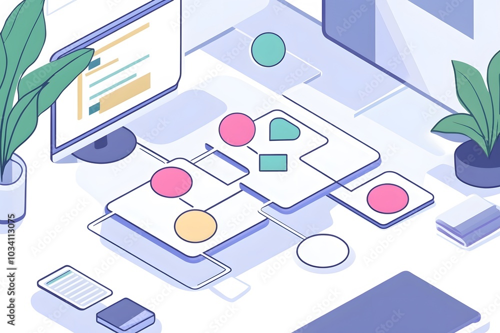 Poster isometric illustration of a modern workspace with a computer and geometric shapes
