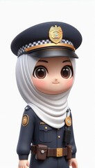 3d stylized of a girl as a police. posing facing the camera, wearing hijab, a police uniform and bulletproof vest. Isolated on White background