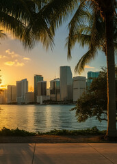 Miami Florida skyline and bay at sunset landscape.