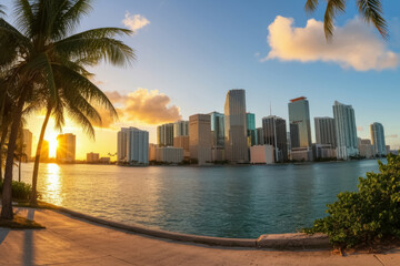 Obraz premium Miami Florida skyline and bay at sunset landscape.