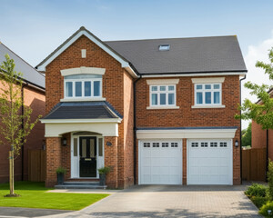New house exterior with brick and siding trim and double garage.