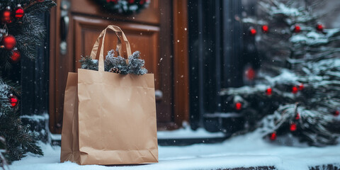 Paper bag with food delivery in front of house entrance at winter. Grocery order delivered contact free. Takeout food left at door mat. Celebrating Christmas.