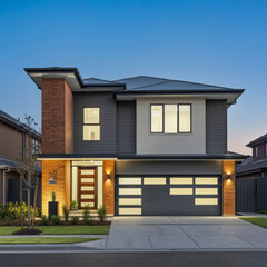 Fototapeta premium New house exterior with brick and siding trim and double garage.