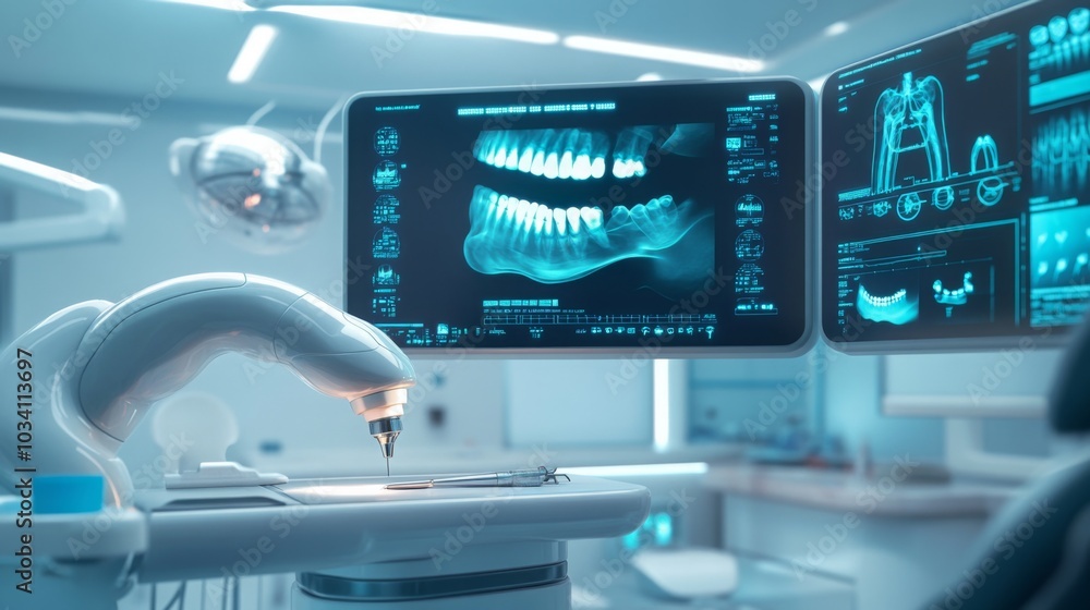 Poster a state-of-the-art dental clinic features high-tech equipment as a dentist prepares for a procedure,