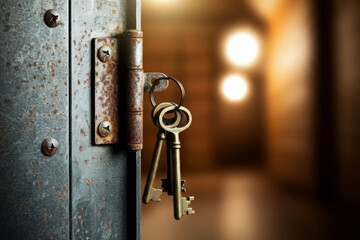 Open door with vintage retro classic keys of house, new house home concept.