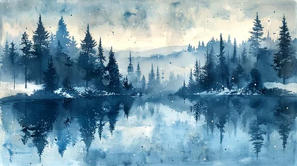 Wandcirkels Mistig bos Serene winter lake reflects evergreen trees under a tranquil blue sky at dawn  © aviavlad