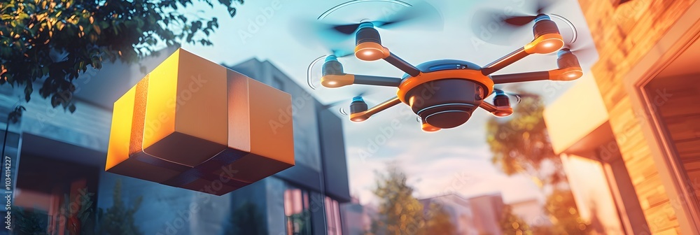 Poster a sleek futuristic drone effortlessly transporting a package to a doorstep in a suburban neighborhoo